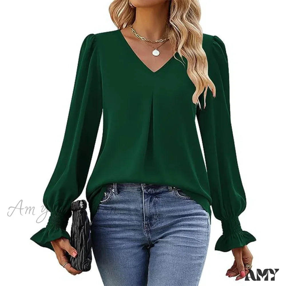 Solid Casual Loose Vintage Oversized Elegant Female Autumn Tops Blouses Qu534-4 / S