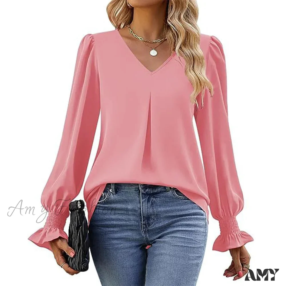 Solid Casual Loose Vintage Oversized Elegant Female Autumn Tops Blouses Qu534-7 / S