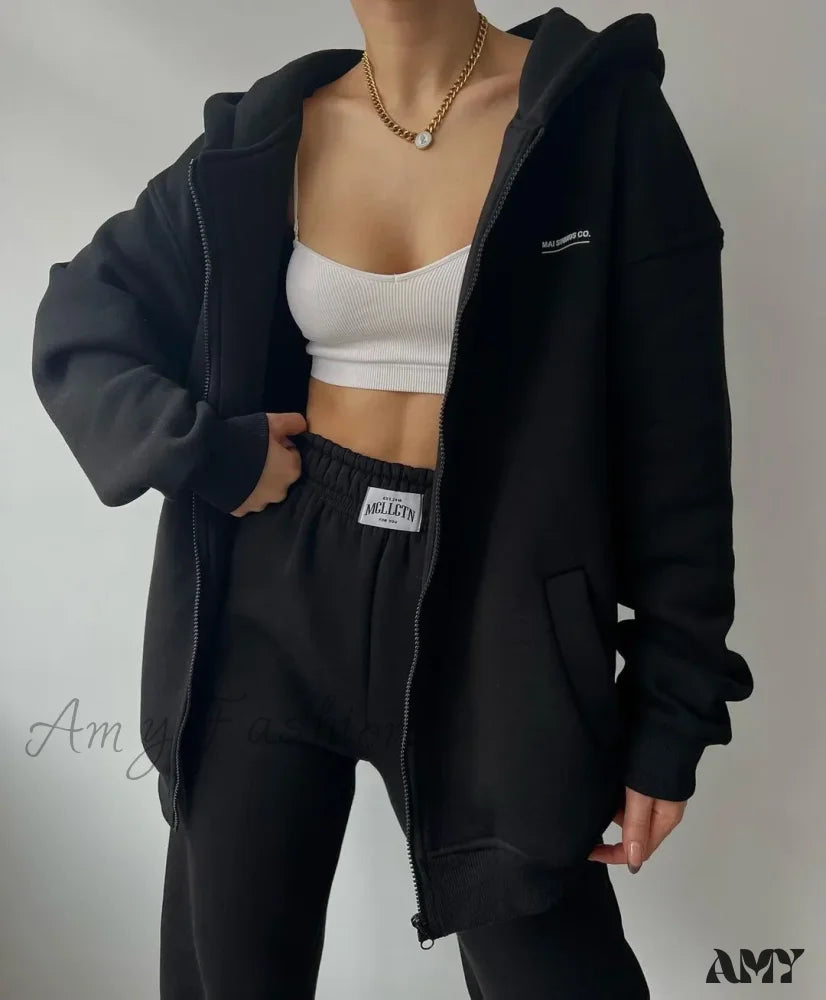 Solid Color Autumn Sportswear Hooded Oversized Pullover Hoodie Black / S
