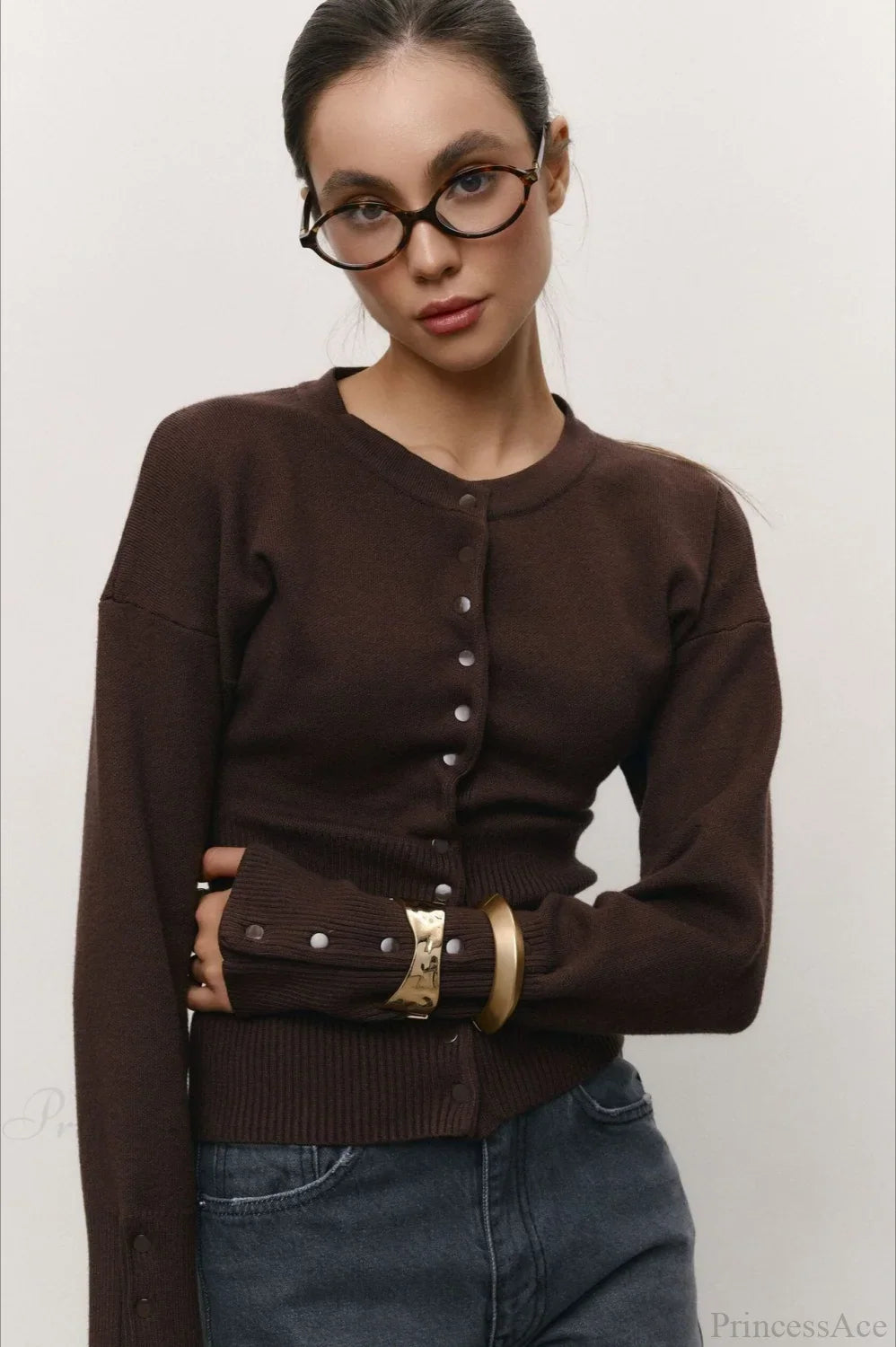 Solid Color Button Long Sleeve Slim Cardigan Sweater Brown / S