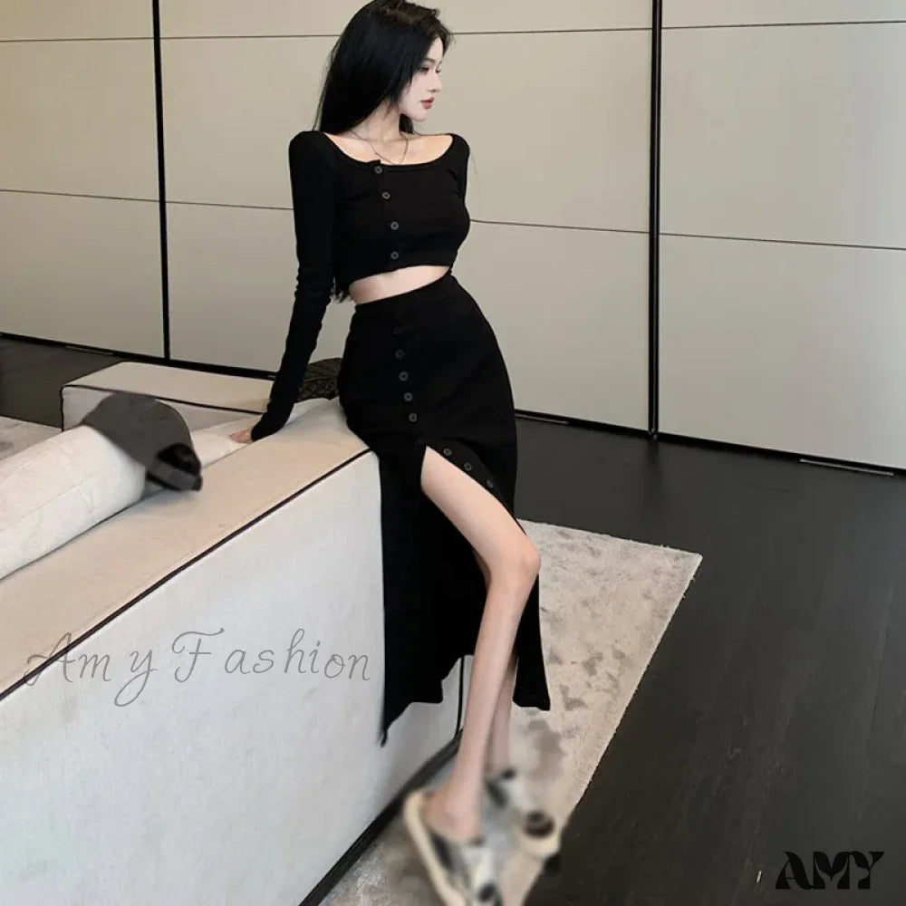 Solid Color Crop Top Sets Long Sleeve Crew Neck Tops Sexy Slit Split Slimming Bag Hip Skirt