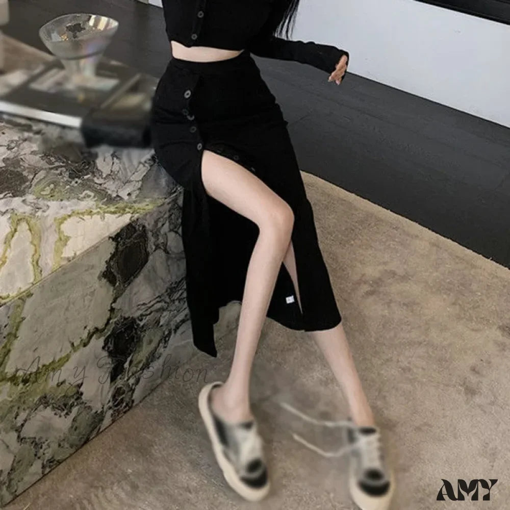 Solid Color Crop Top Sets Long Sleeve Crew Neck Tops Sexy Slit Split Slimming Bag Hip Skirt