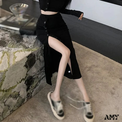 Solid Color Crop Top Sets Long Sleeve Crew Neck Tops Sexy Slit Split Slimming Bag Hip Skirt