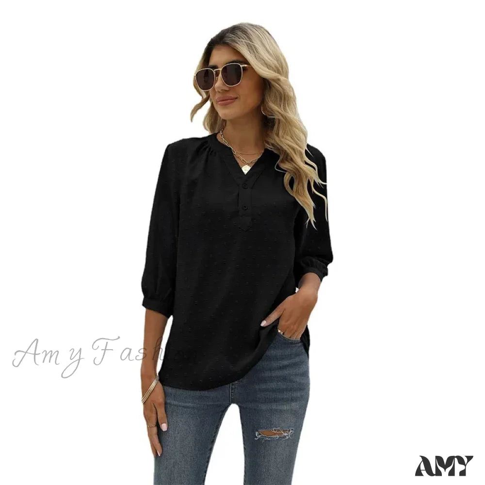 Solid Color Loose Elegant Chic Luxury V-Neck Female Summer Top Blouses Qu009-1 / S