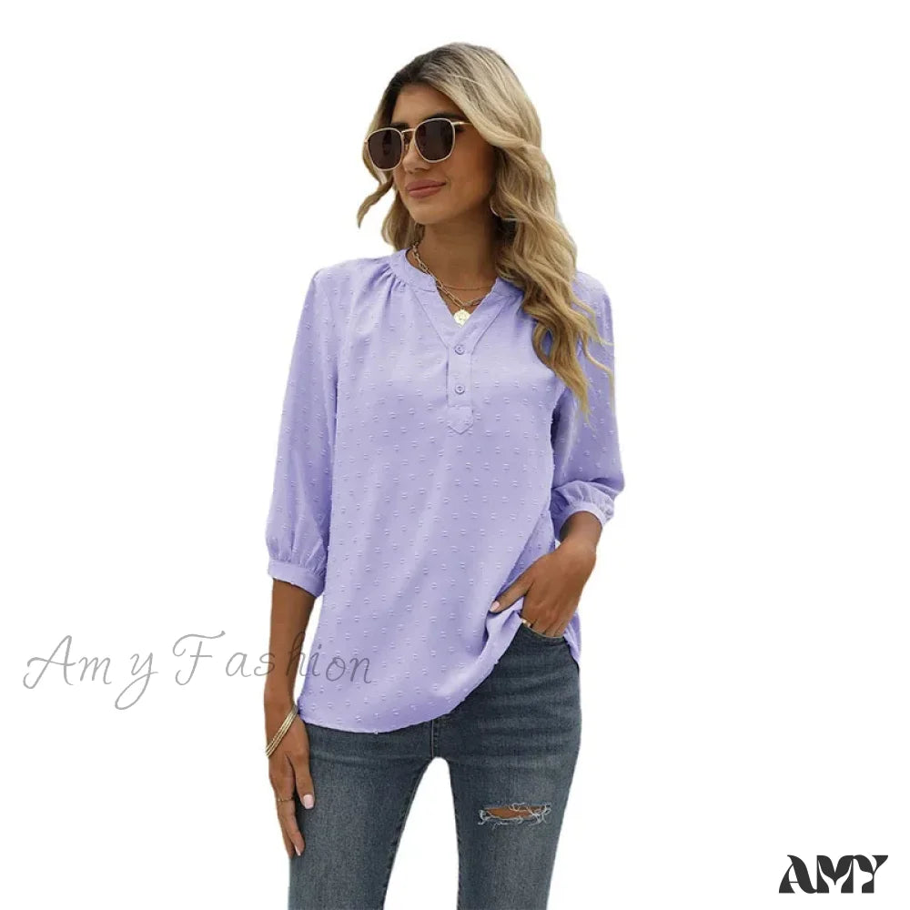 Solid Color Loose Elegant Chic Luxury V-Neck Female Summer Top Blouses Qu009-2 / S