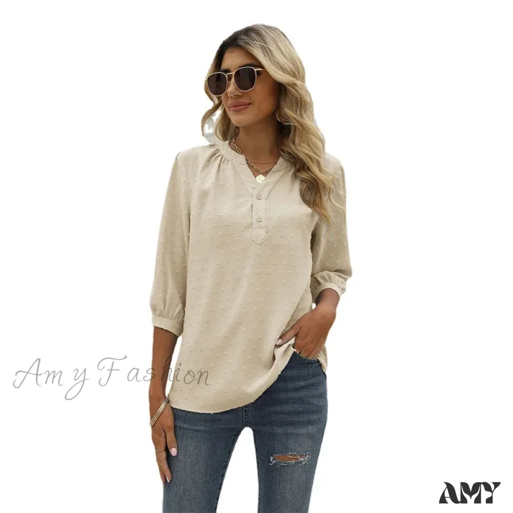 Solid Color Loose Elegant Chic Luxury V-Neck Female Summer Top Blouses Qu009-3 / S