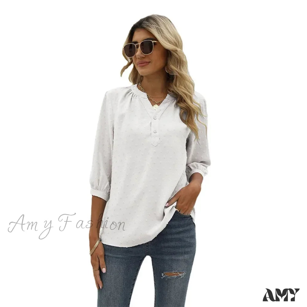 Solid Color Loose Elegant Chic Luxury V-Neck Female Summer Top Blouses Qu009-4 / S