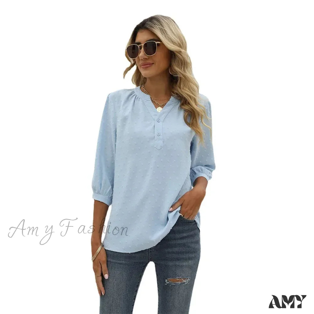 Solid Color Loose Elegant Chic Luxury V-Neck Female Summer Top Blouses Qu009-5 / S