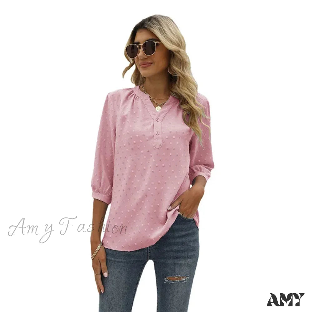 Solid Color Loose Elegant Chic Luxury V-Neck Female Summer Top Blouses Qu009-6 / S