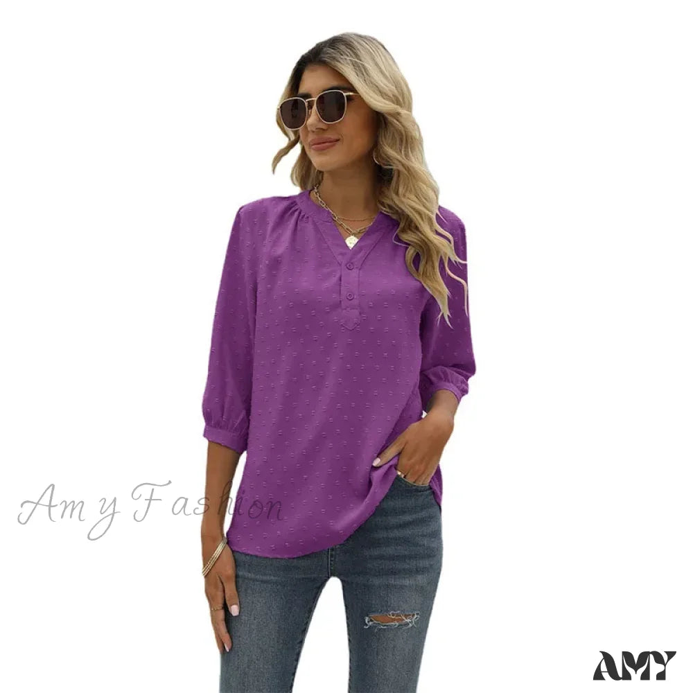 Solid Color Loose Elegant Chic Luxury V-Neck Female Summer Top Blouses Qu009-7 / S