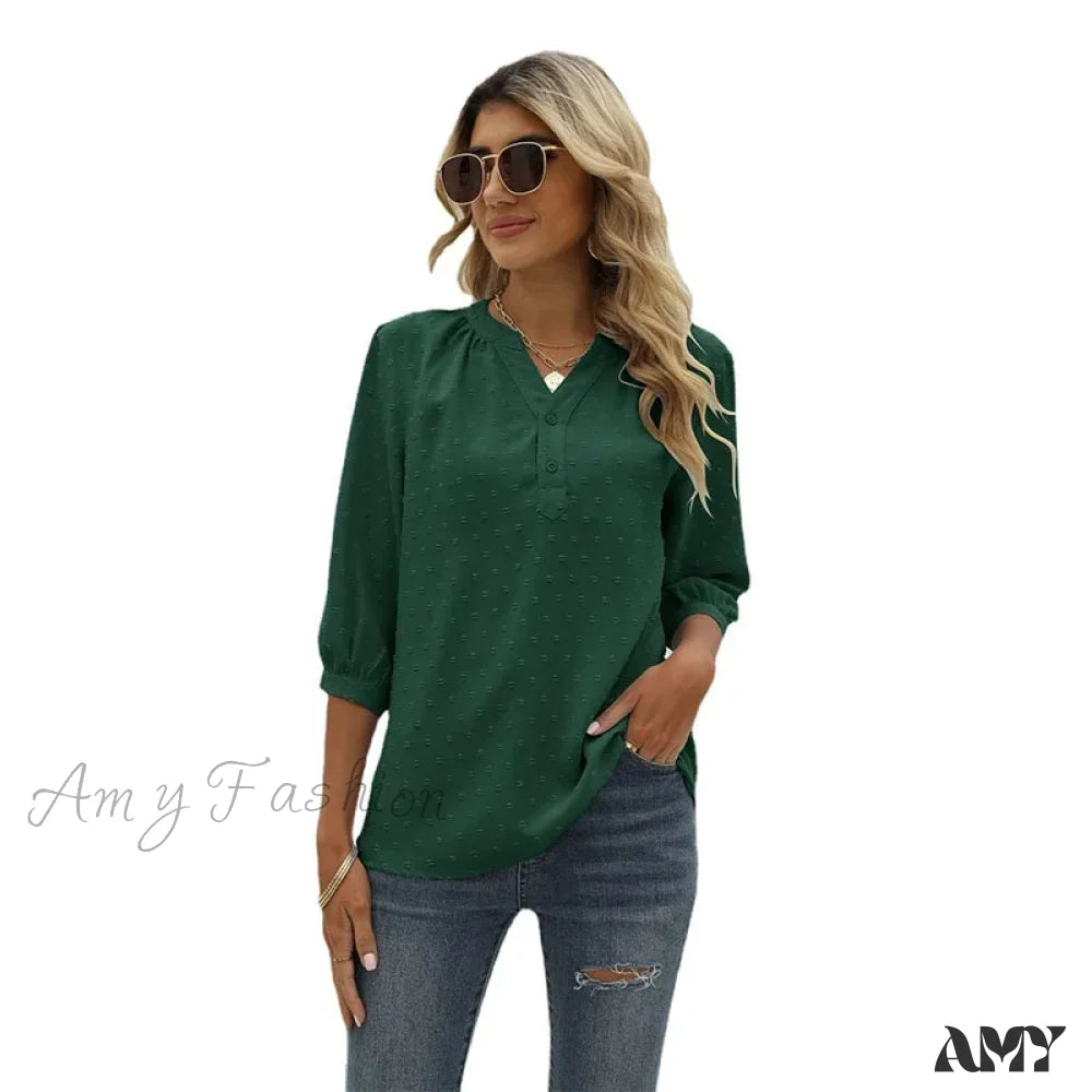 Solid Color Loose Elegant Chic Luxury V-Neck Female Summer Top Blouses Qu009-8 / S