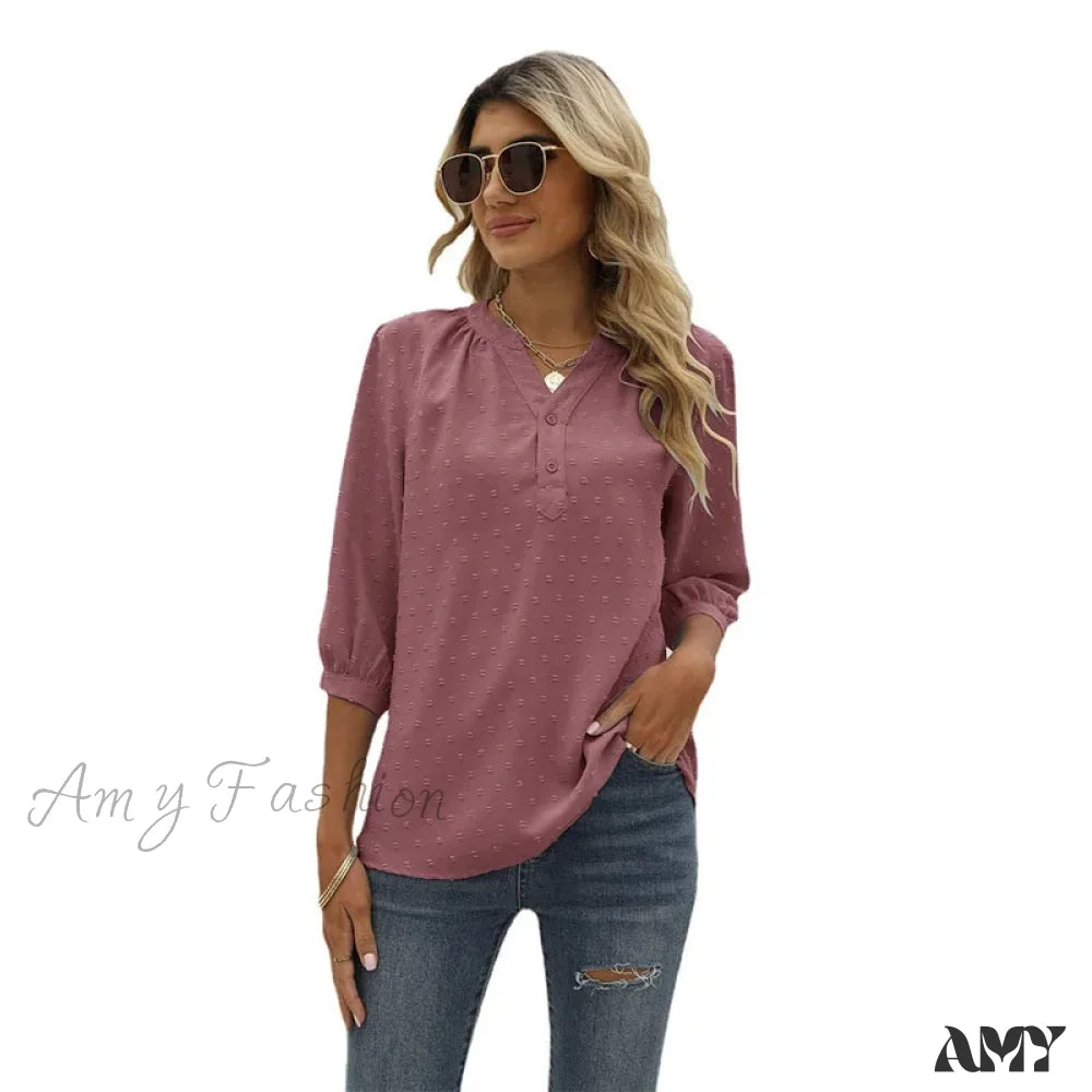 Solid Color Loose Elegant Chic Luxury V-Neck Female Summer Top Blouses Qu009-9 / S