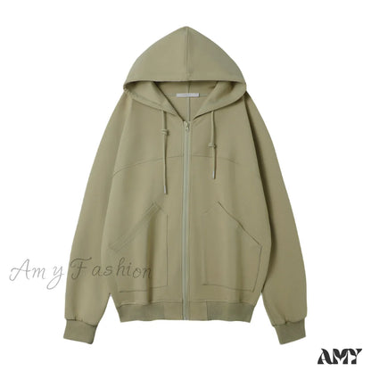 Solid Color Loose Hooded Harajuku Zip Up Long Sleeve Hoodie Moss Green / S