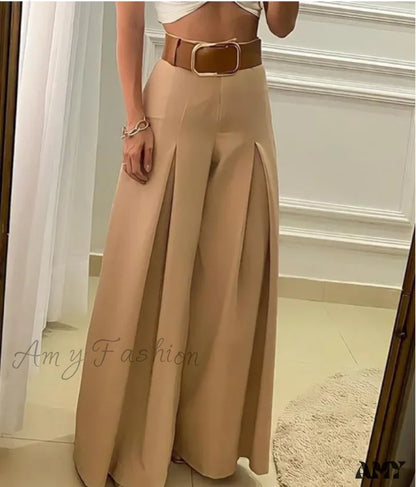 Solid Color Open Fold High Waist Wide Leg Elegant Pants