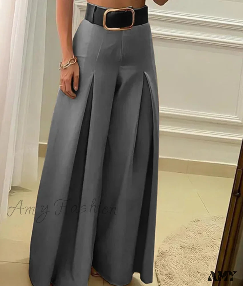 Solid Color Open Fold High Waist Wide Leg Elegant Pants Gray / S