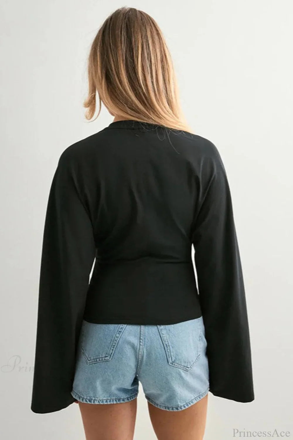 Solid Crew Neck Wide Sleeve Waist Cinched Long Sleeve Tee