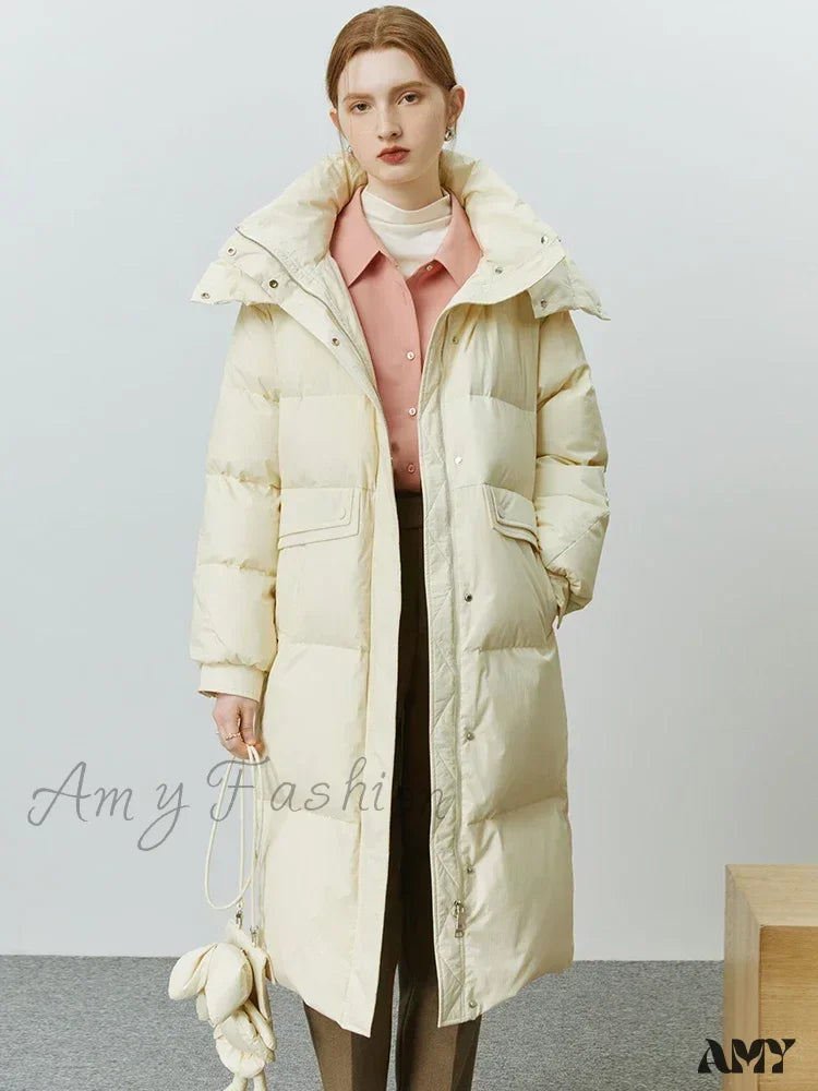 Solid Duck Down Detachable Bunny Bag Long Warm Winter Coat