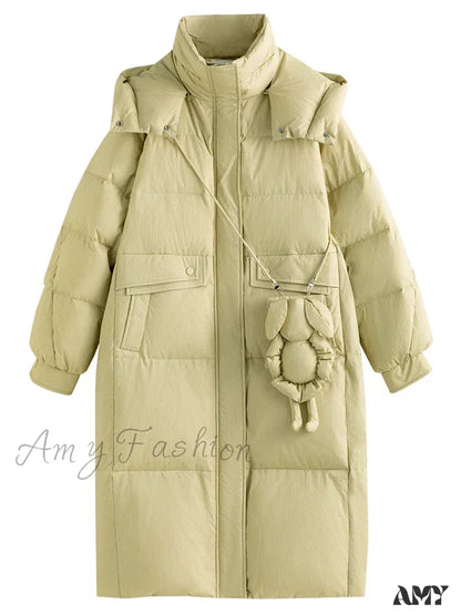 Solid Duck Down Detachable Bunny Bag Long Warm Winter Coat