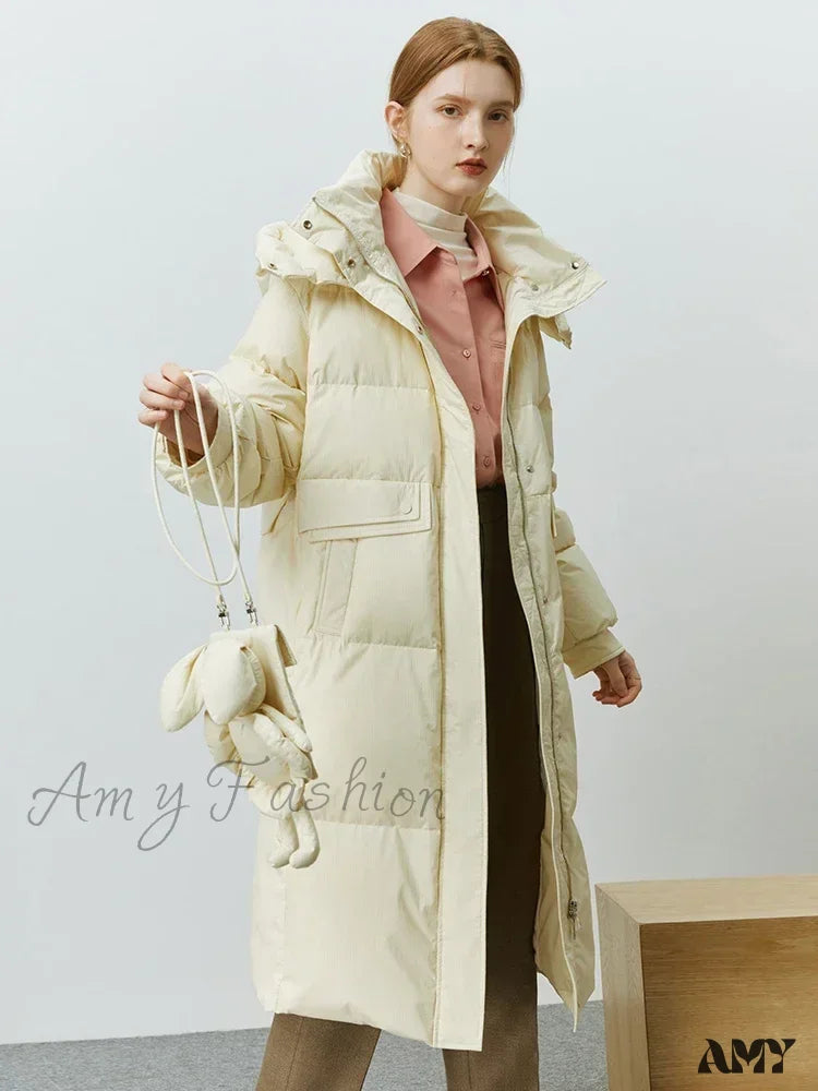 Solid Duck Down Detachable Bunny Bag Long Warm Winter Coat Beige / S