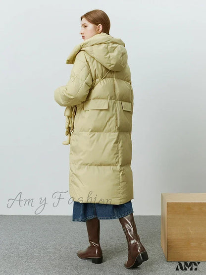 Solid Duck Down Detachable Bunny Bag Long Warm Winter Coat Khaki Green / S