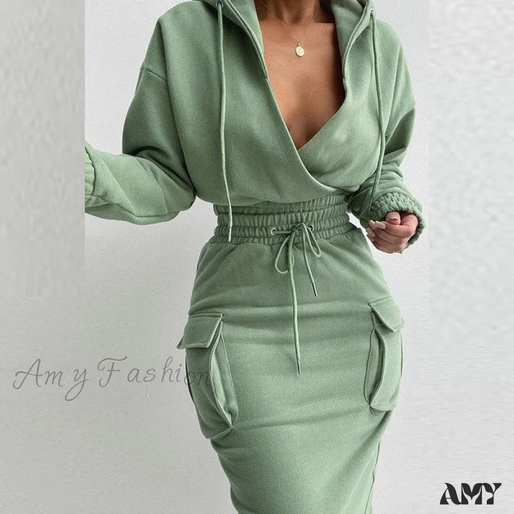 Solid Hooded Drawstring Tight Skirt Suit