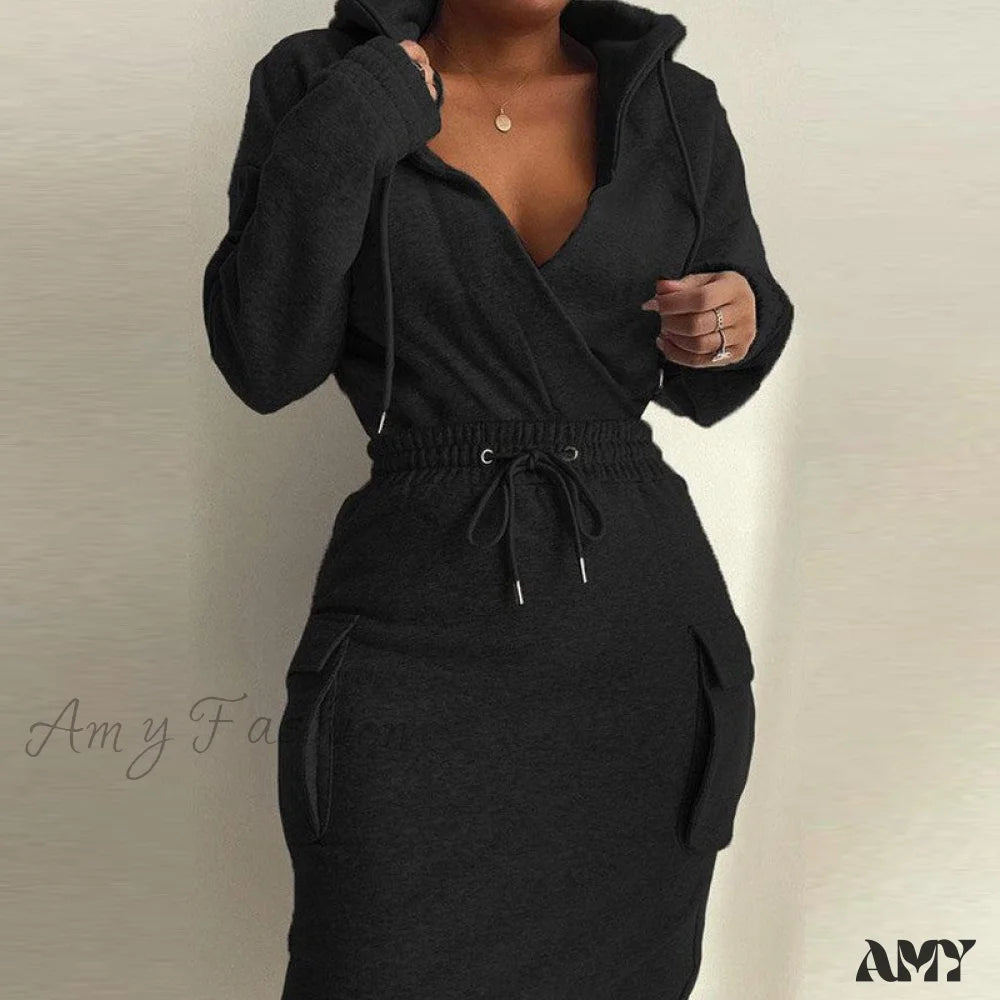 Solid Hooded Drawstring Tight Skirt Suit