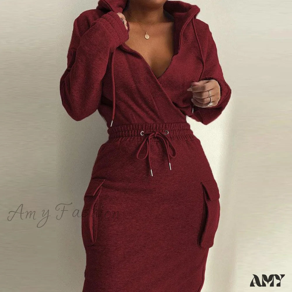 Solid Hooded Drawstring Tight Skirt Suit Red / S