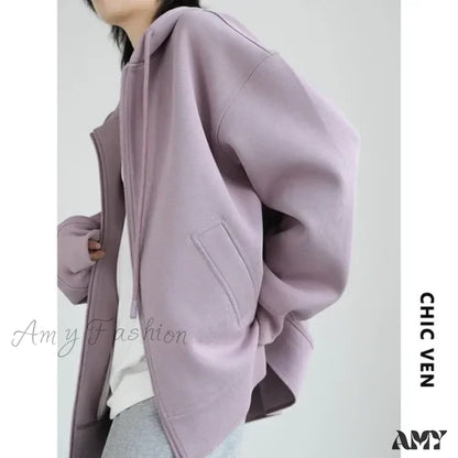 Solid Loose Casual Comfortable Trendy Stylish Elegant Classic Hoodies Purple / S