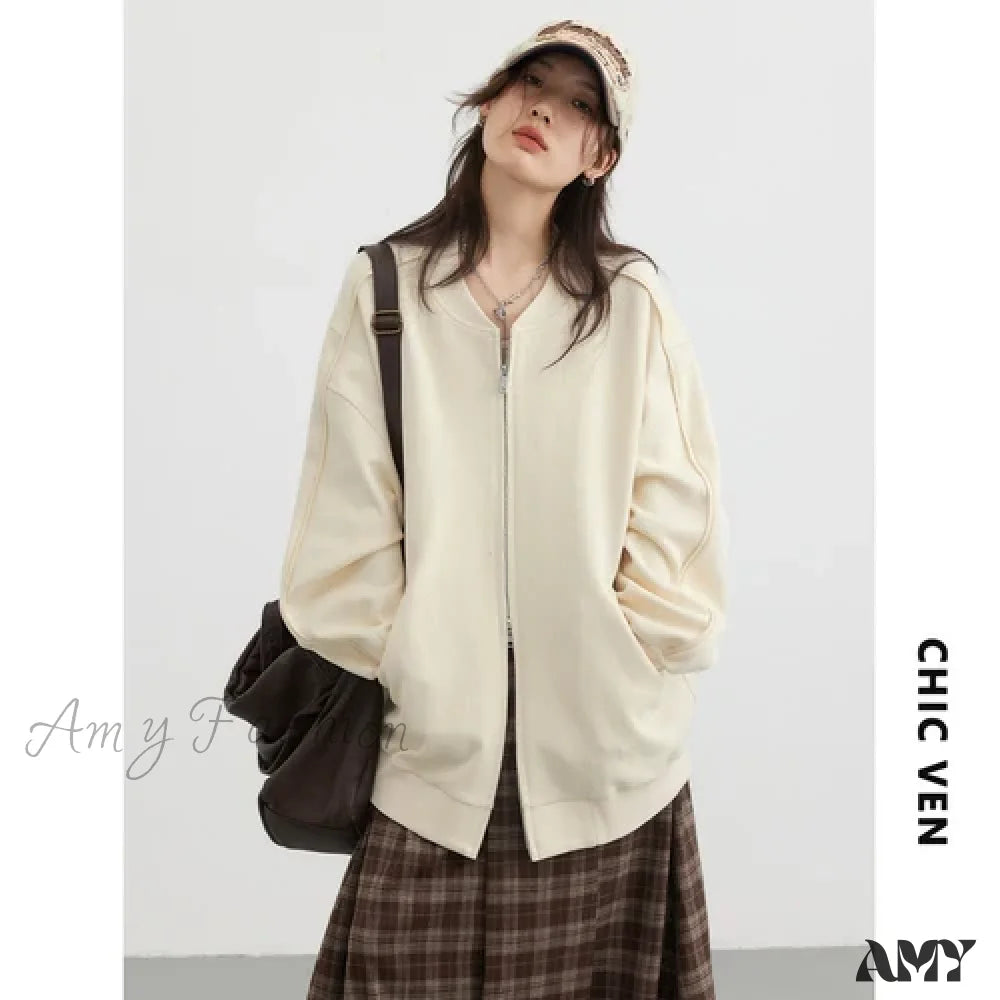 Solid Loose Casual Trendy Comfortable Cozy Stylish Chic Hoodies Beige / S