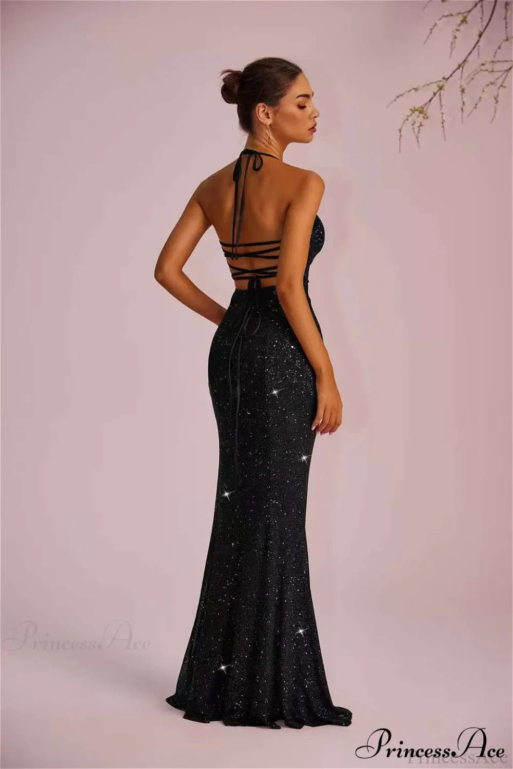 Solid Plunging Backless Slit Fitted Maxi Party Dress