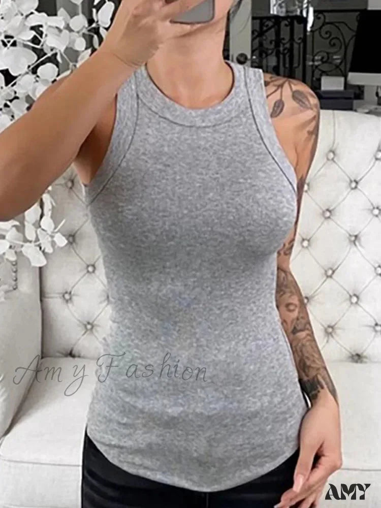 Solid Round Neck Ribbed Elastic Summer Basic O Crop Top Gray / S