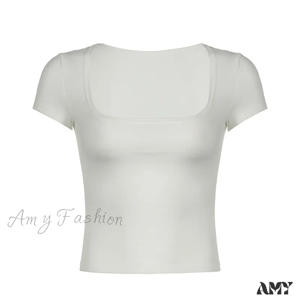 Solid Slim Fitting Square Collar White Short Sleeve Skinny Basic Summer Crop Top White / S