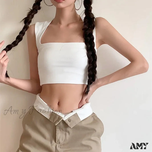 Solid Square Collar Casual Sleeveless Slim White Basic Summer Vintage Crop Top