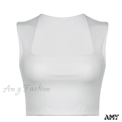 Solid Square Collar Casual Sleeveless Slim White Basic Summer Vintage Crop Top White / S