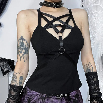 Spicy Girl Dark Style Elegant Pentagram Basic Strap Spring 2024 Women Crop Top