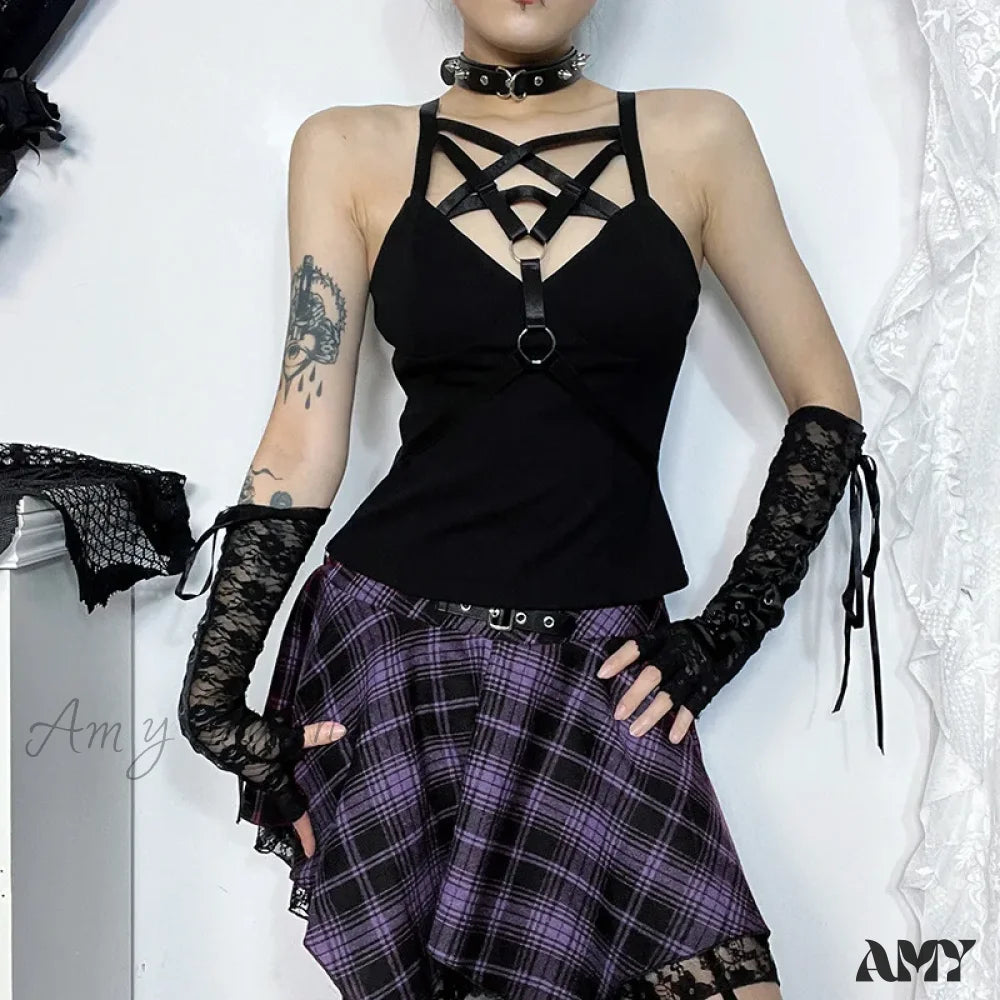 Spicy Girl Dark Style Elegant Pentagram Basic Strap Spring 2024 Women Crop Top