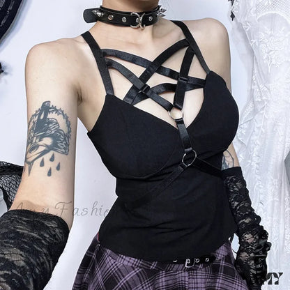 Spicy Girl Dark Style Elegant Pentagram Basic Strap Spring 2024 Women Crop Top