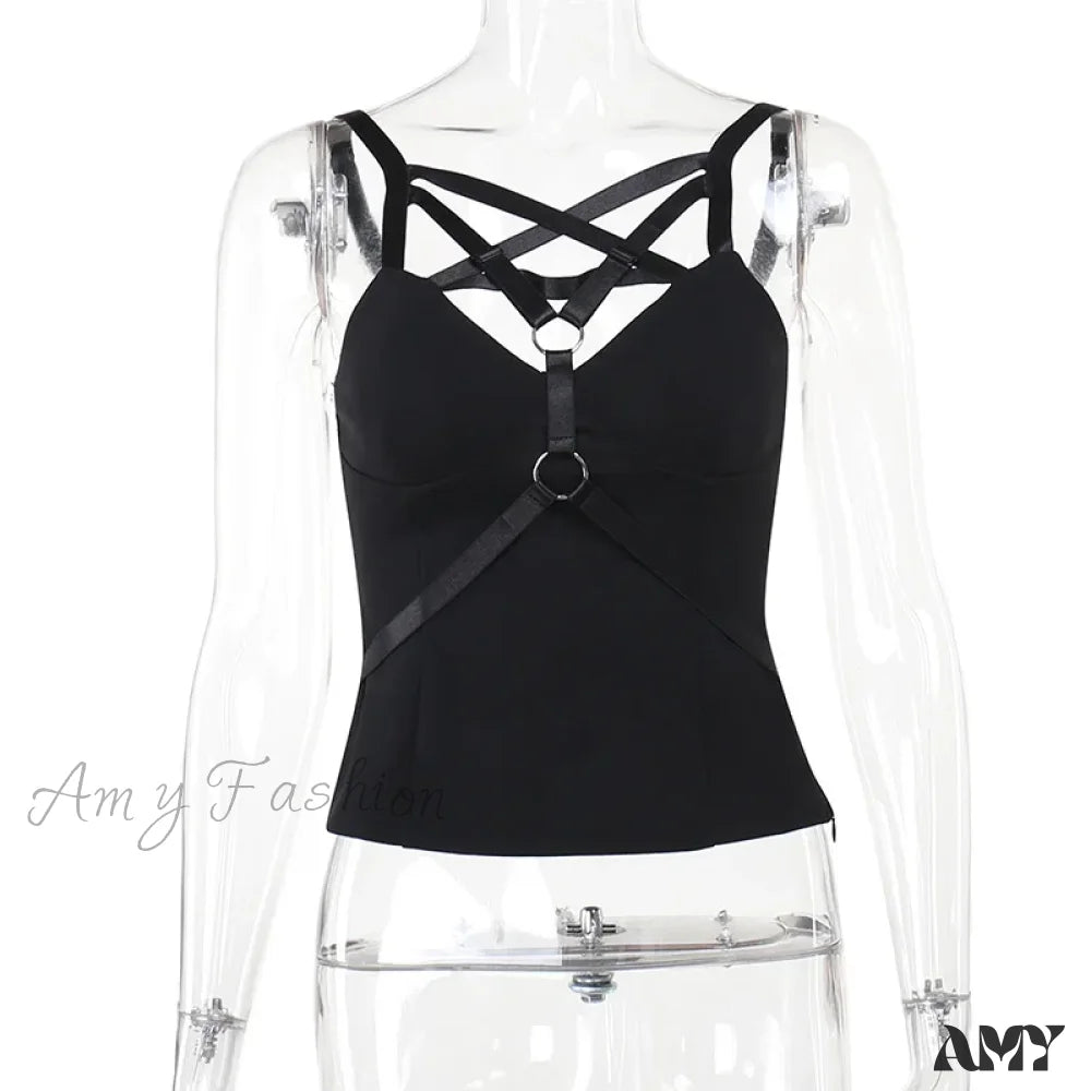 Spicy Girl Dark Style Elegant Pentagram Basic Strap Spring 2024 Women Crop Top Black / S