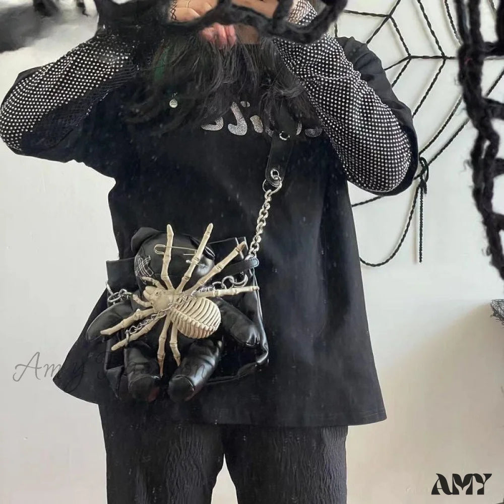 Spider Little Bear Bone Gothic Y2K Bag Harajuku Pin Leather Punk Crossbody Lolita