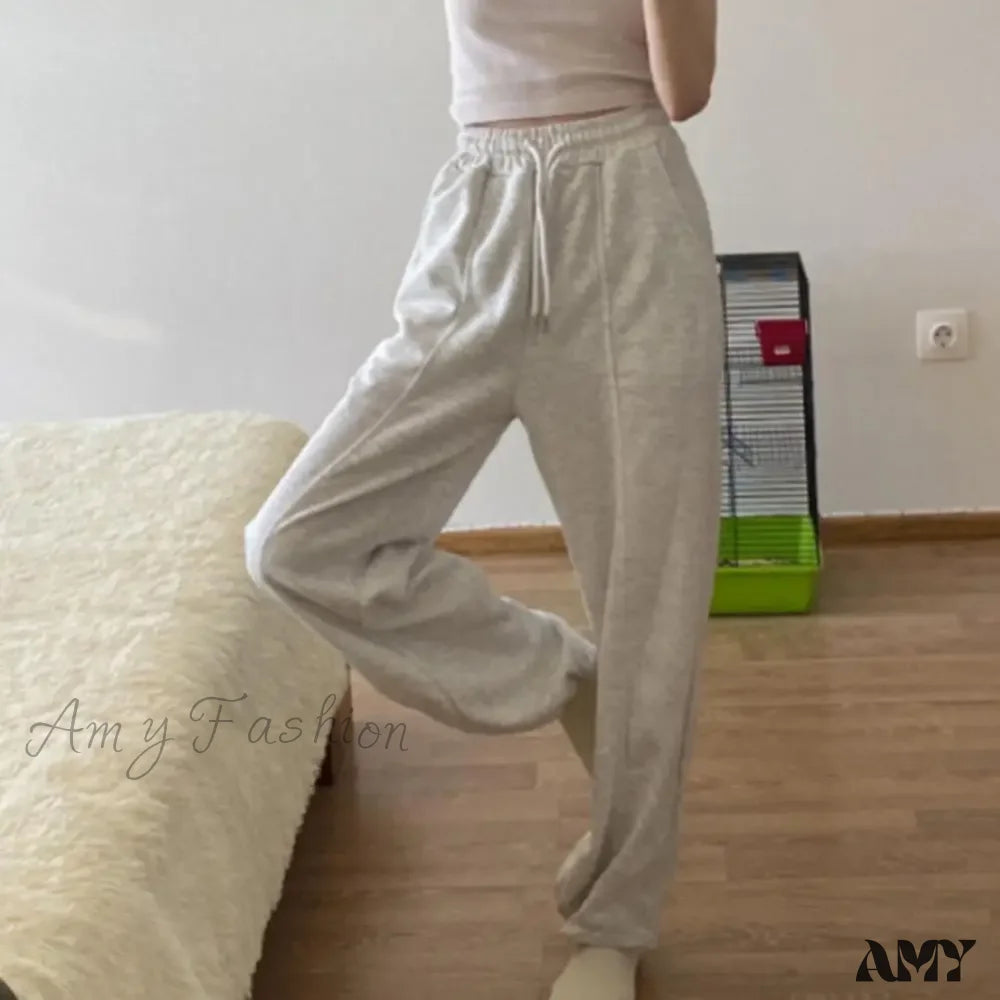 Sport Elastic High Waist Adjustable Drawstring Long Solid Straight Wide Trouser