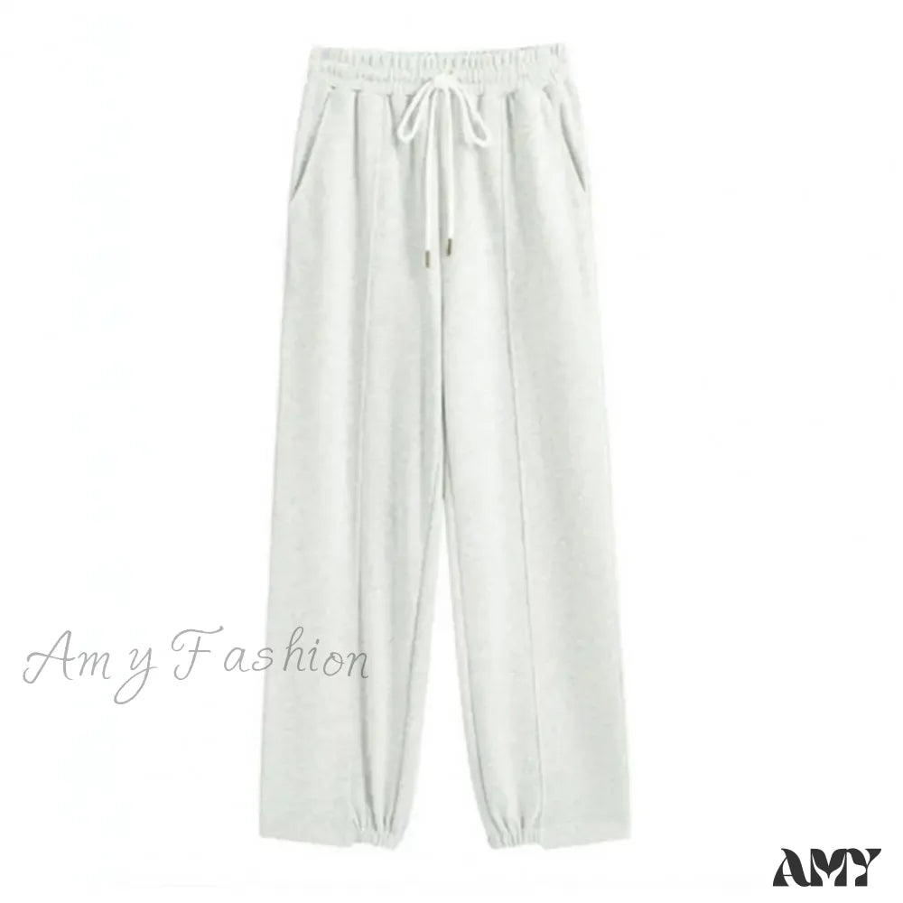 Sport Elastic High Waist Adjustable Drawstring Long Solid Straight Wide Trouser Grey / M