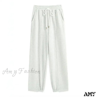 Sport Elastic High Waist Adjustable Drawstring Long Solid Straight Wide Trouser Grey / M