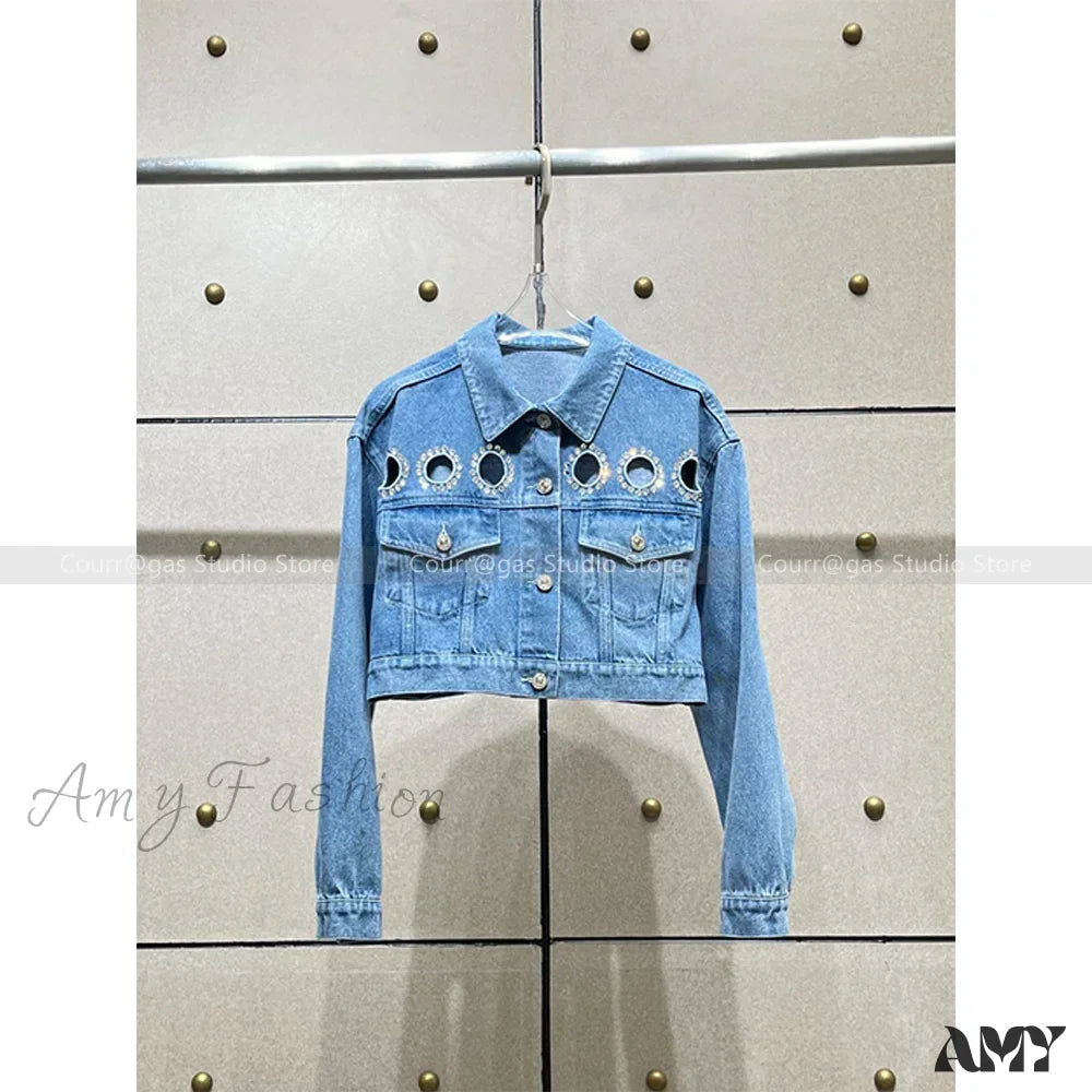 Spring Autumn Crystal Hollowing Short Section Fashion Tops Female Jacket