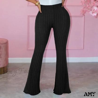 Spring Autumn Elastic Waist Solid Stripe Bodycon Sexy Casual Trouser Black / S