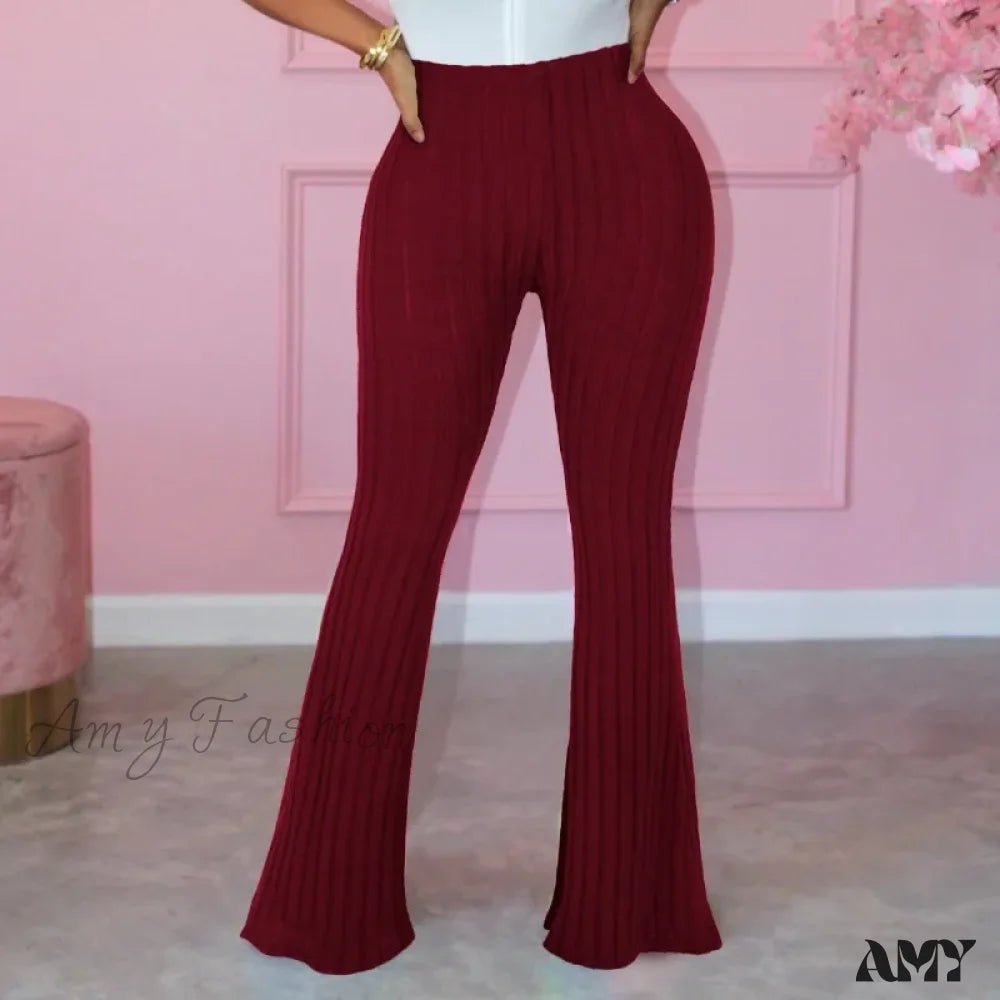 Spring Autumn Elastic Waist Solid Stripe Bodycon Sexy Casual Trouser Burgundy / S