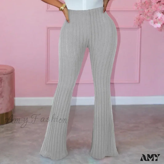 Spring Autumn Elastic Waist Solid Stripe Bodycon Sexy Casual Trouser Light Gray / S