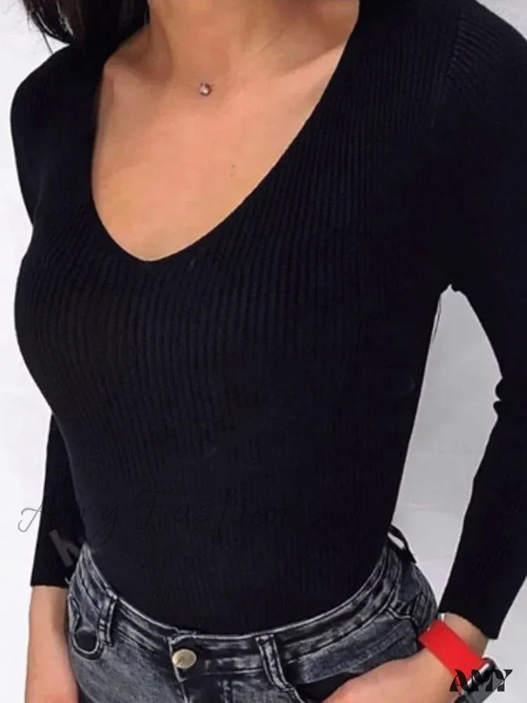 Spring Autumn Knitted V-Neck Slim Fit Solid Soft Basic Sweater Black / One Size