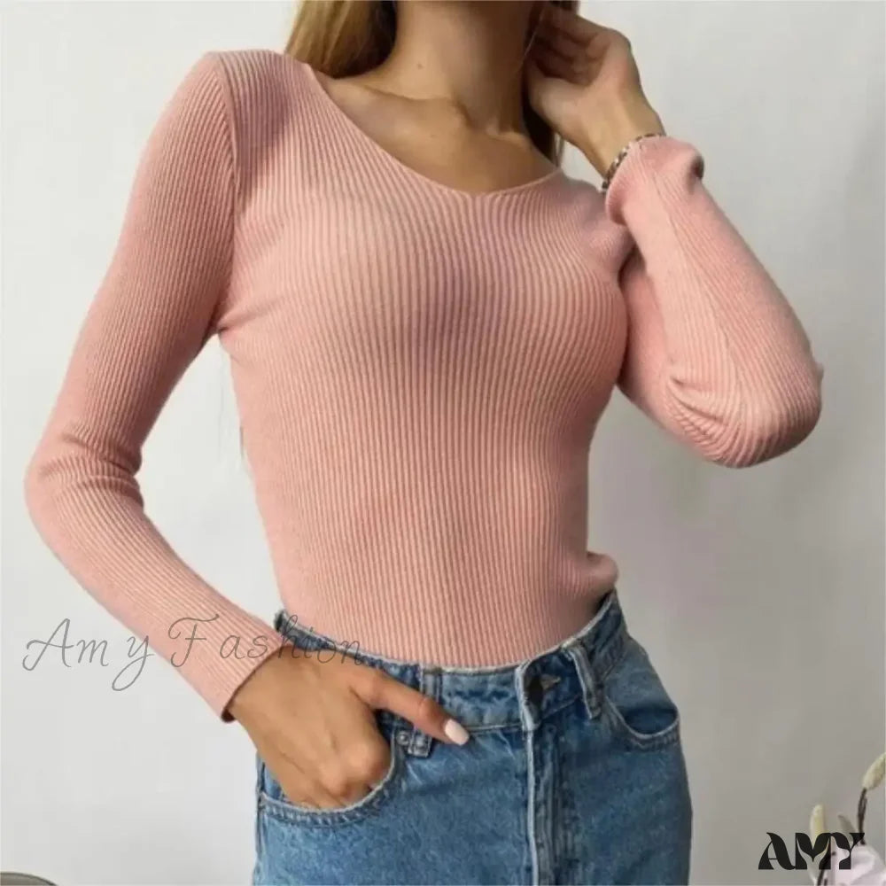 Spring Autumn Knitted V-Neck Slim Fit Solid Soft Basic Sweater Pink / One Size