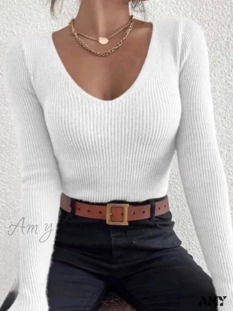 Spring Autumn Knitted V-Neck Slim Fit Solid Soft Basic Sweater White / One Size