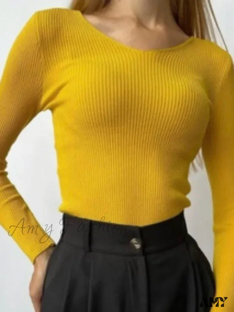 Spring Autumn Knitted V-Neck Slim Fit Solid Soft Basic Sweater Yellow / One Size